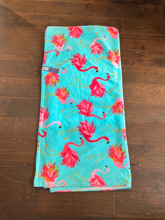 CYNTHIA ROWLEY Pink Flamingo BLUE COTTON BEACH TOWEL 40”x72”