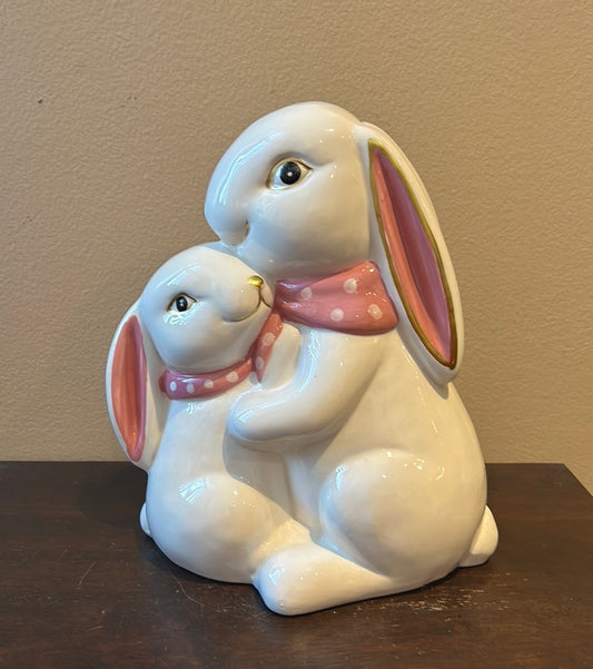 Mother Bunny Rabbit  Baby Bunny Ceramic Easter table Decor White Pink