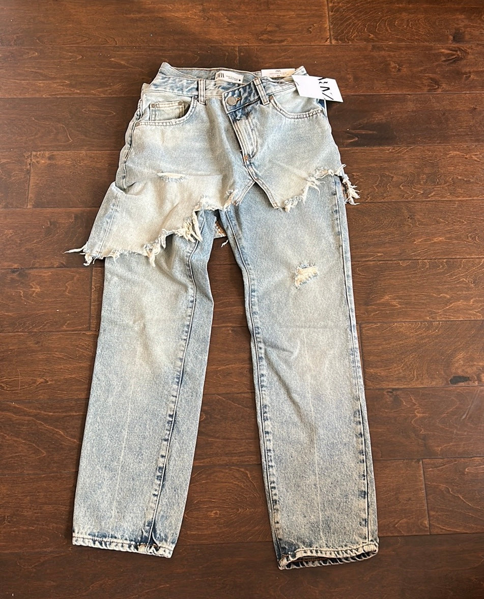 ZARA WOMAN NWT ZW STRAIGHT-LEG MID-RISE Layered JEANS FADED BLUE Sz 0