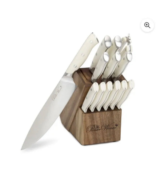 The Pioneer Woman Frontier 14 Pc Forged Cutlery Knife Block Set Linen Ivory NEW