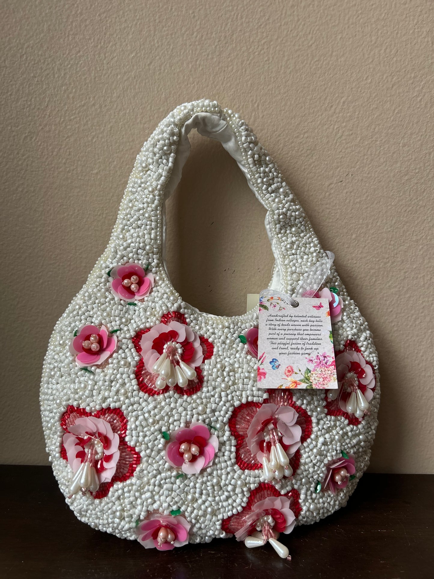 New Off White And Pink Floral Beaded Bag Off White Pink Handcrafted