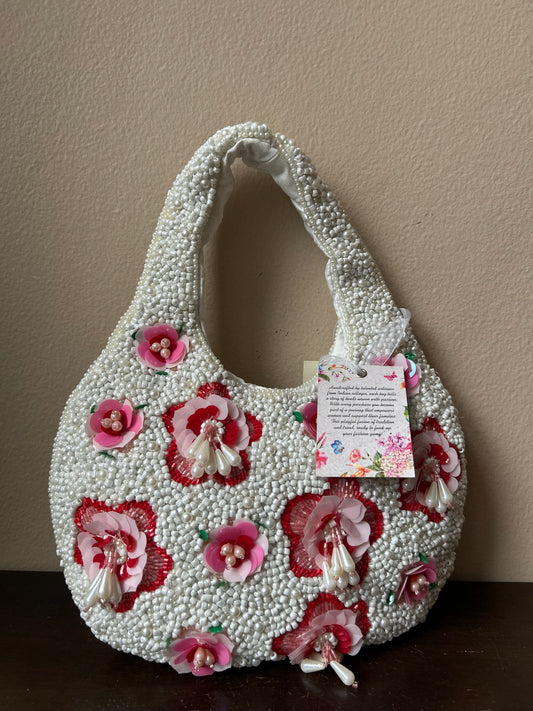 New Off White And Pink Floral Beaded Bag Off White Pink Handcrafted