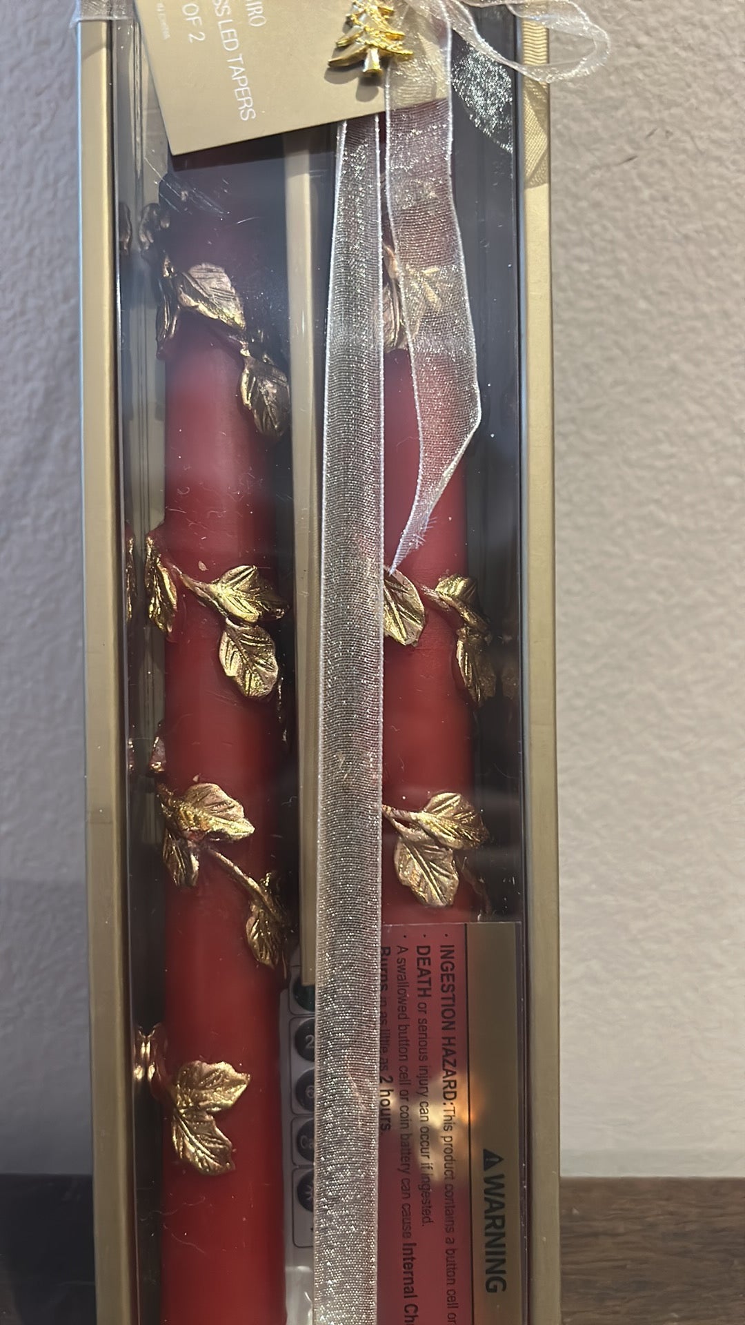 New Set Of 2 Flameless Taper Candles Red Gold Christmas 13.5”