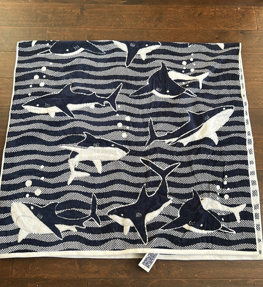 Caro Beach Towel Blue White New Cotton 36”x68” Whales Fishes