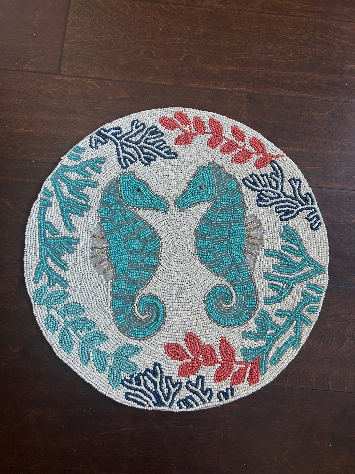 Tahari Beaded Charger Placemat New Ocean Life Sea Horse Coral Reef  15”