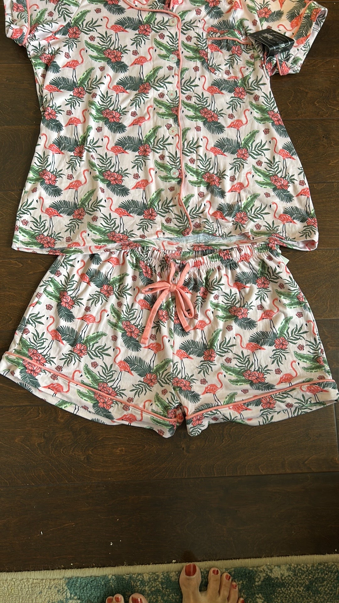 Pillow Talk 2 Pc Pajama Set New Flamingoes Tropical Palm Fronds New