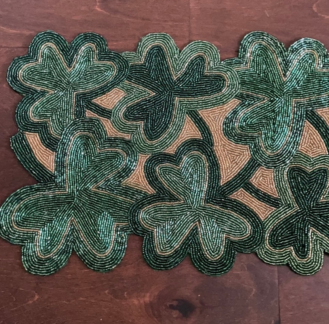 St Patricks Day Table Runner  Irish Clover Beaded Centerpiece Green Gold