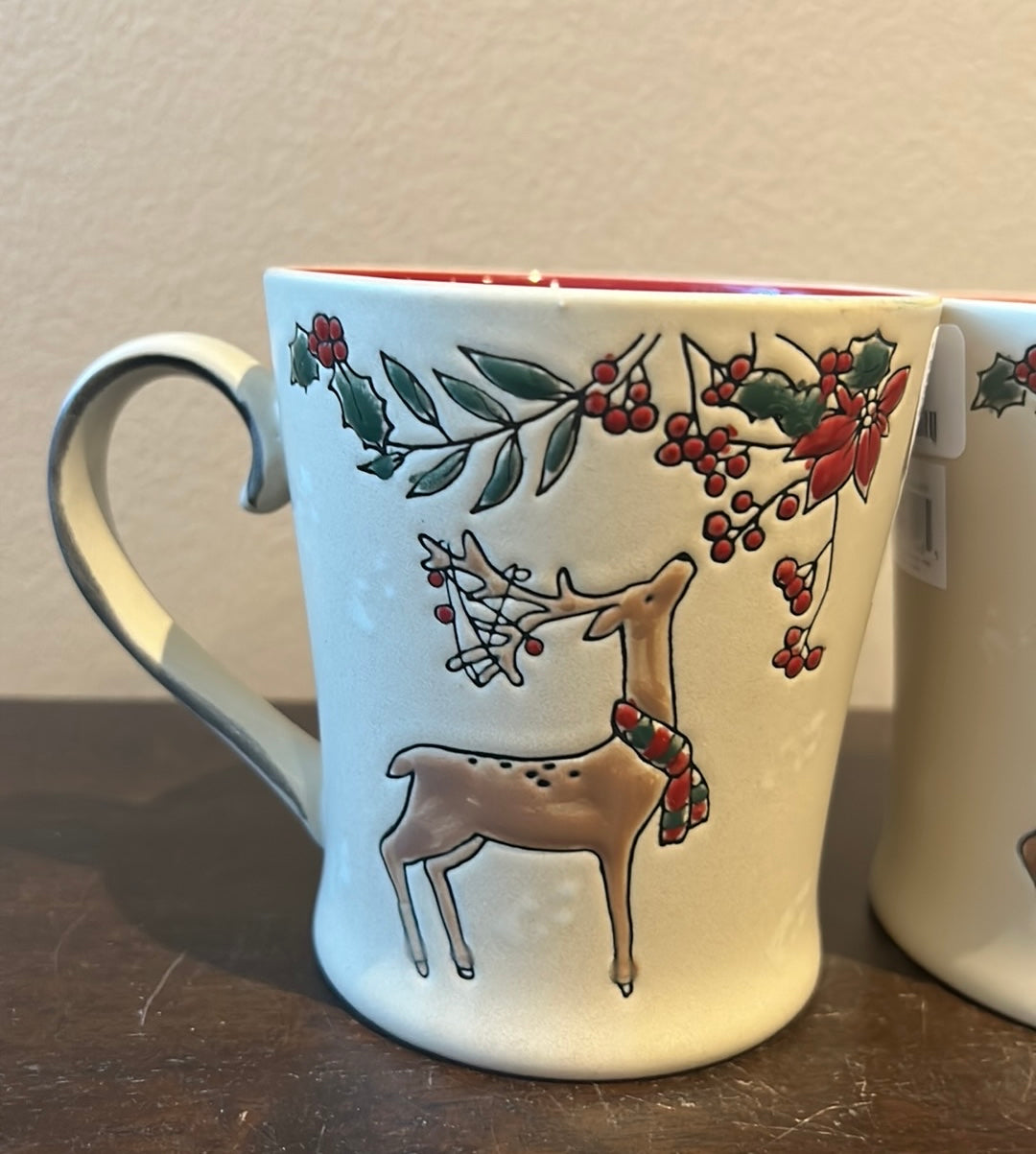 Eli & Ana Set of 2 Coffee Mugs Reindeer Christmas Holly Berry  New