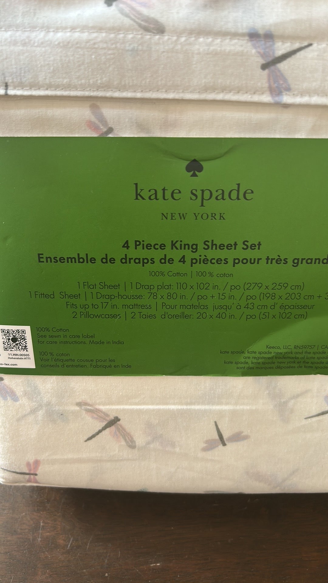 NEW KATE SPADE King  Sheet Set 4 Pc Colorful Dragonflies Cotton Percale