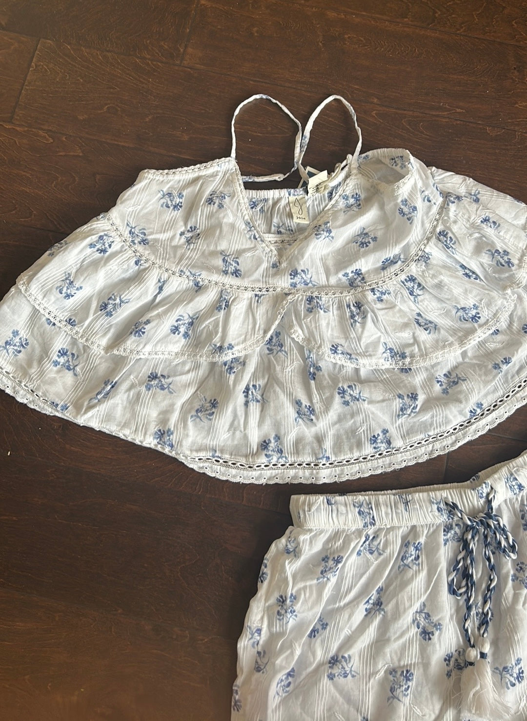 Joie Womens Blue White Embroidered Pajama Set Shorts Top New Lace Cotton Sz L