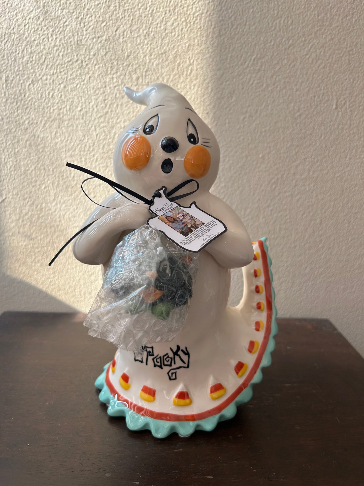 Blue Sky Clayworks Goldminc Halloween GHOST With Cat Candy Bowl New 10” Tall