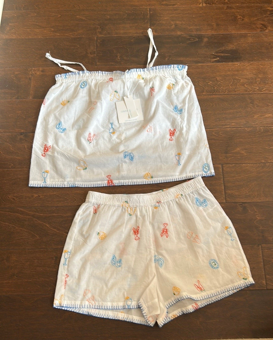 Cynthia Rowley Womens Embroidered Pajama Set Shorts Top New Cotton Sz S Lobster Drinks