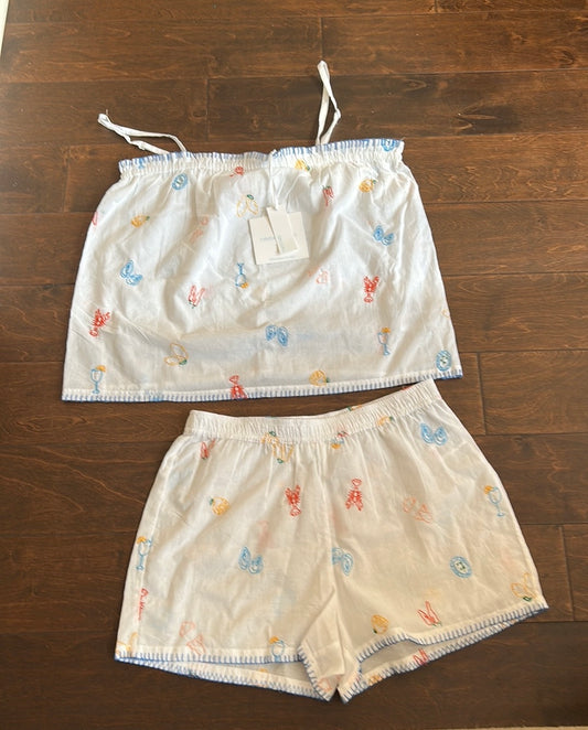 Cynthia Rowley Womens Embroidered Pajama Set Shorts Top New Cotton Sz S Lobster Drinks