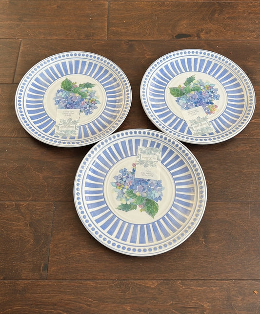SHABBY CHIC HYDRANGEAS set Of 3 Salad Plates blue purple White 9” Floral