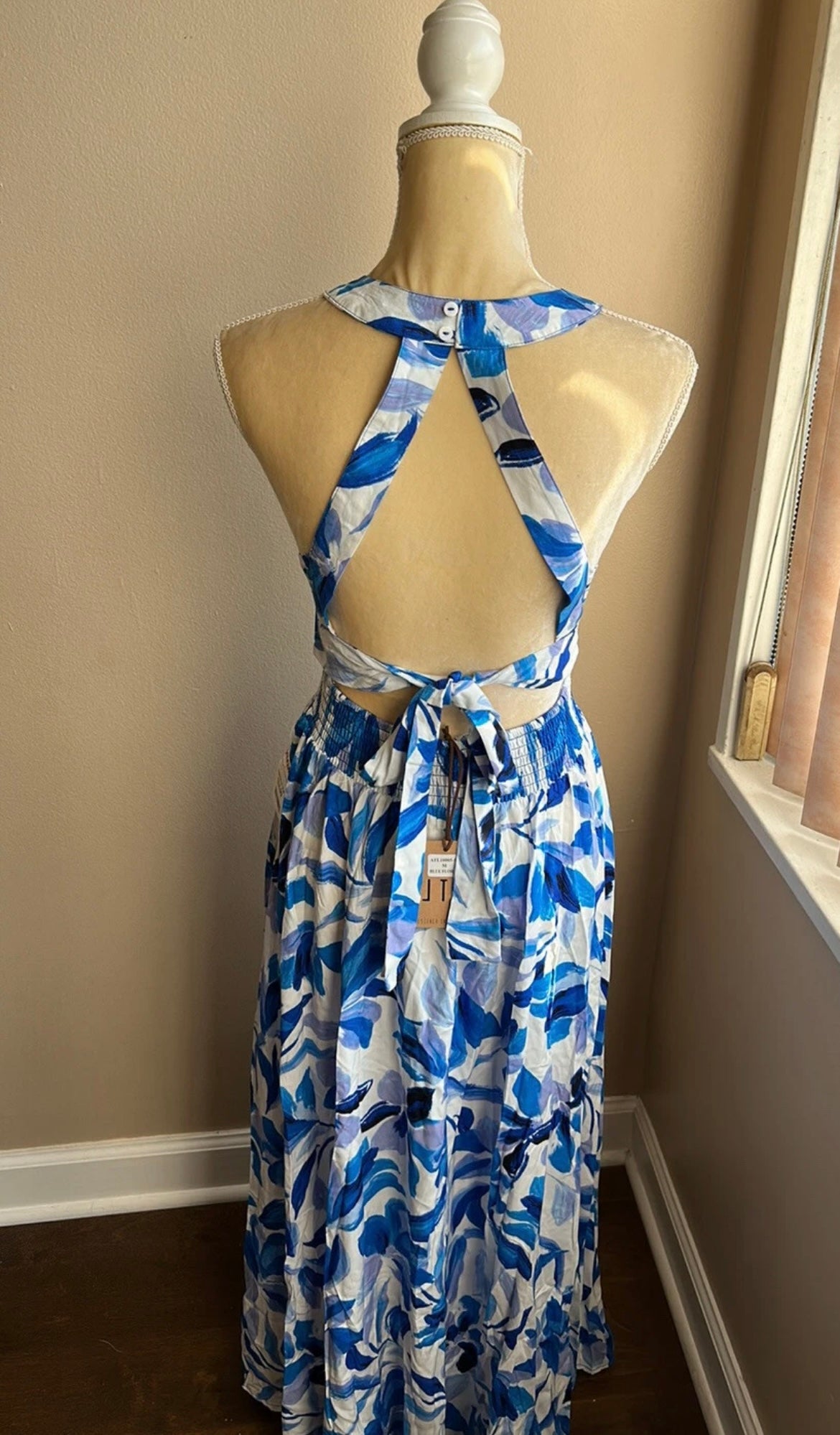 Abel the Label Anthropologie Rumi Maxi Dress NWT White Blue  Sexy Back