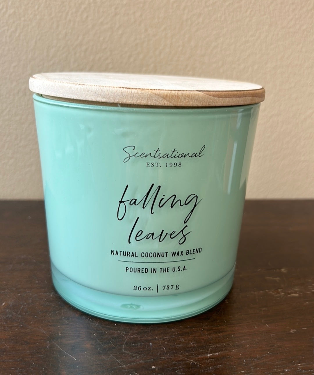 Scentsational Falling Leaves Candle Large 26 Oz Fall Fragrance Coconut Wax Green Jar