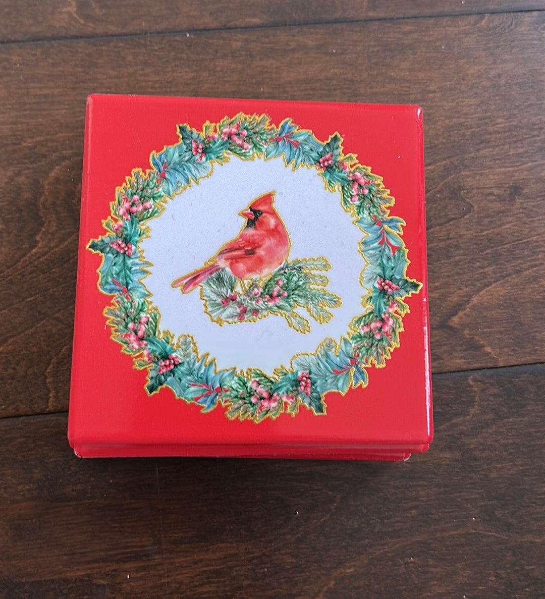 Set Of 4 Ceramic Red Cardinal Christmas Wreath Coasters Ceramic New
