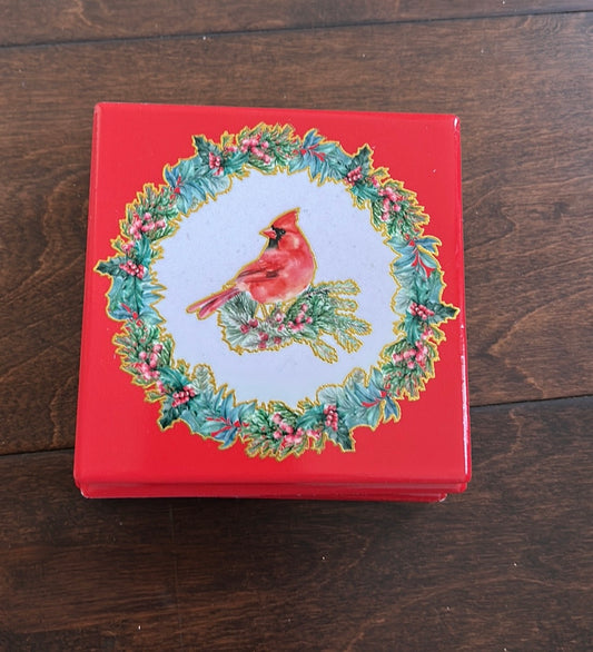 Set Of 4 Ceramic Red Cardinal Christmas Wreath Coasters Ceramic New