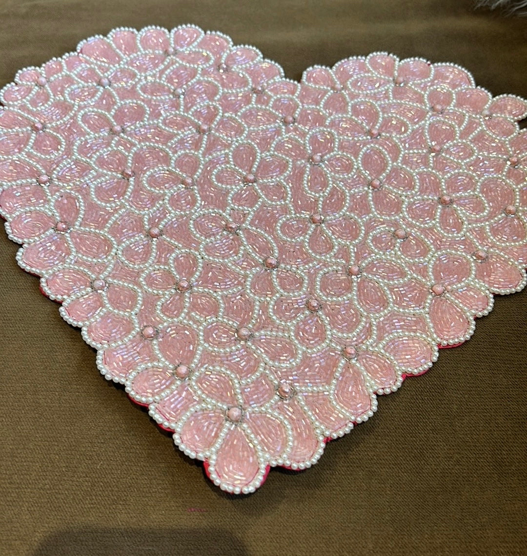 2 Cupcakes & Cashmere Beaded Heart Shaped Charger Placemat New 15” Pink