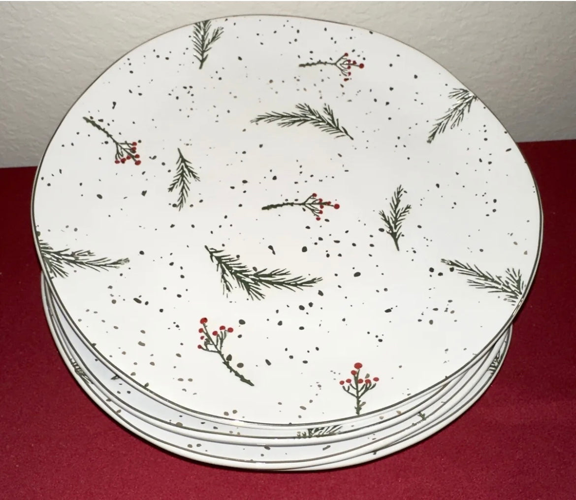 Potters Studio Christmas Holly print Dinner Plates set Of 4 Shimmery