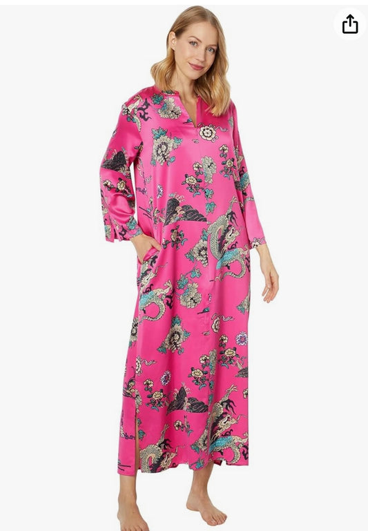 NWT N NATORI IMPERIAL DRAGON Zip Satin CAFTAN Maxi-length Side pockets New sz M