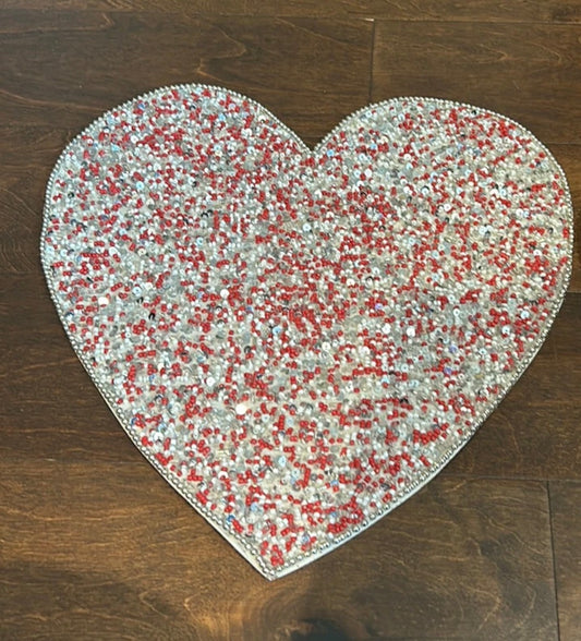 Cupcakes & Cashmere Beaded Heart Shaped Charger Placemat New 15” Red Silver