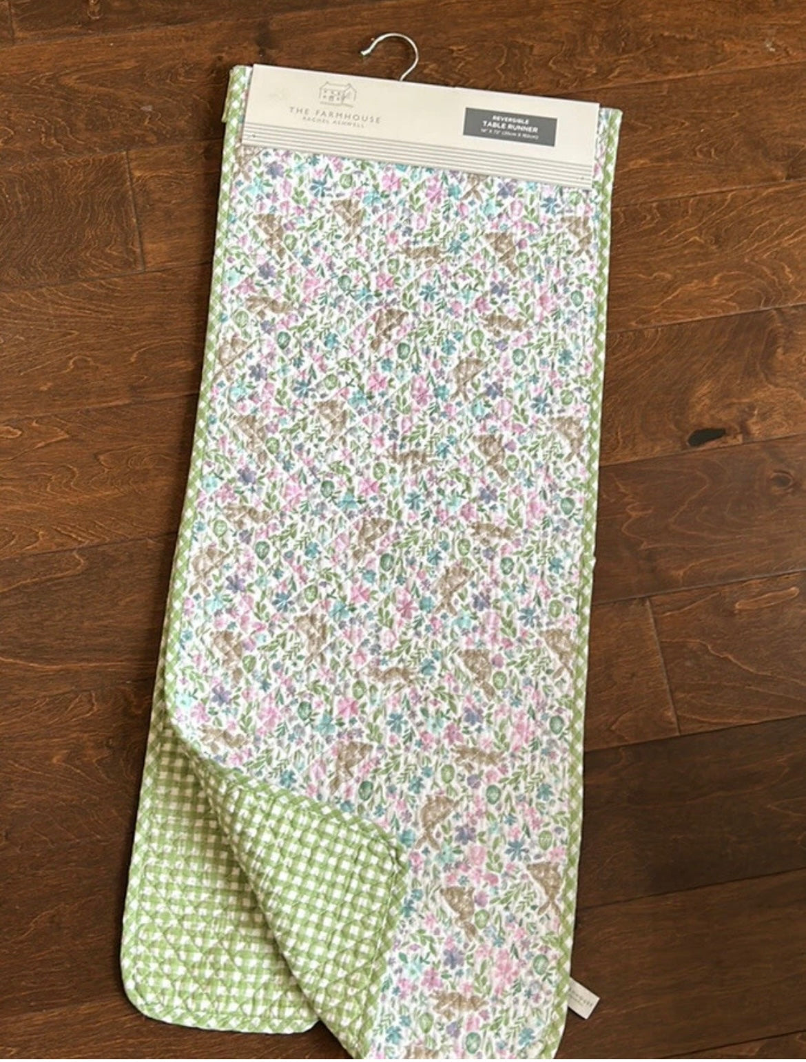 Rachel Ashwell Easter Table Runner Reversible Plaid  14”x72” Bunny Rabbit Floral