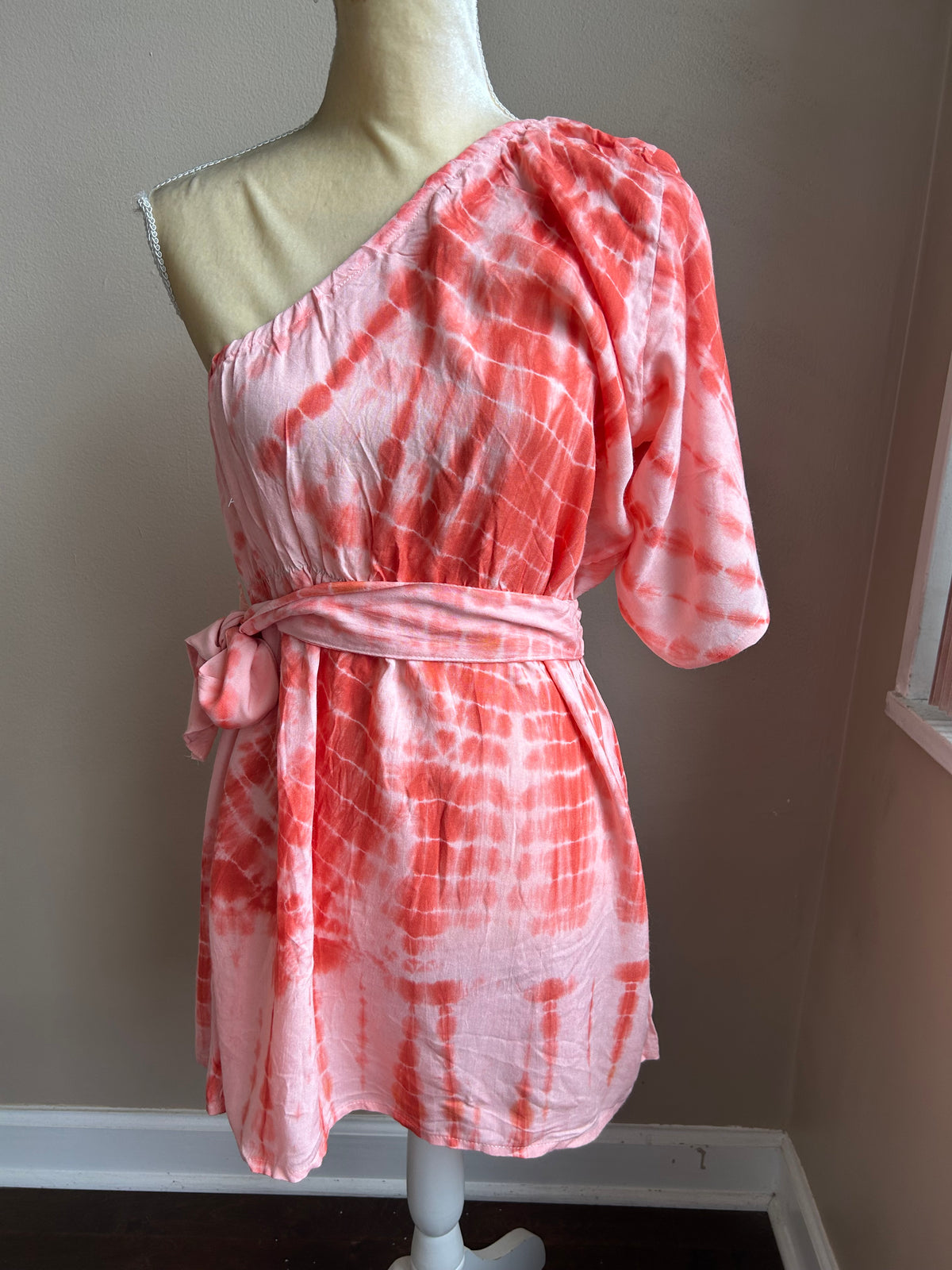 New Womens Tye Dye Dress Sz L Orange One Shoulder With Belt (GSC)