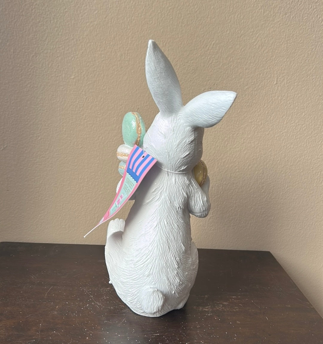 New Bunny Rabbit With Pastel Macaroons & Cupcake Tabletop White Easter 11 3/4”