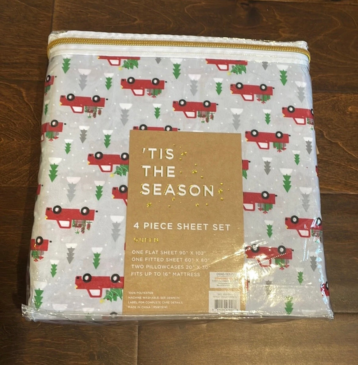 New Tis the Season 3 Piece Queen Christmas Tree Holiday Red Truck  Bed Sheet Set