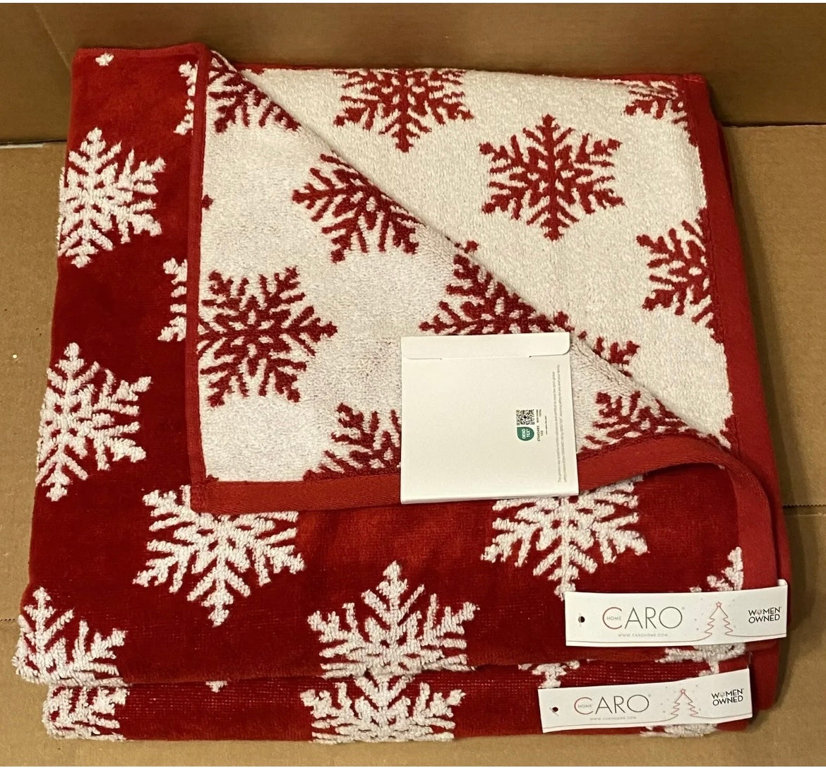 CARO Home Christmas Red & White SNOWFLAKE Bathroom Bath Towel Set of 2 NEW