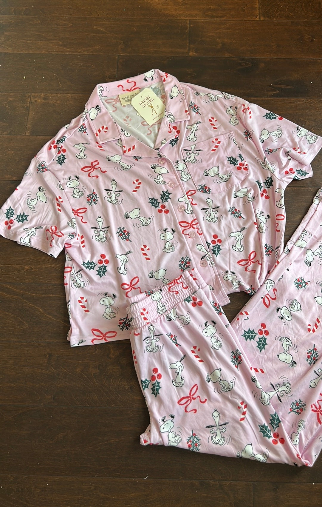 Munki Munki Snoopy Peanuts Pajama Set Womens New Christmas Holly Berry