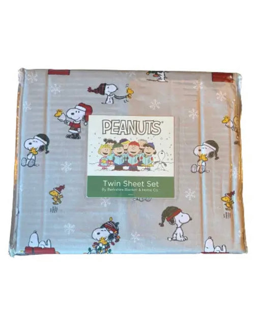 Peanuts Santa Snoopy Christmas Tree Lights Twin Sheet Set Grey Bell Wreaths