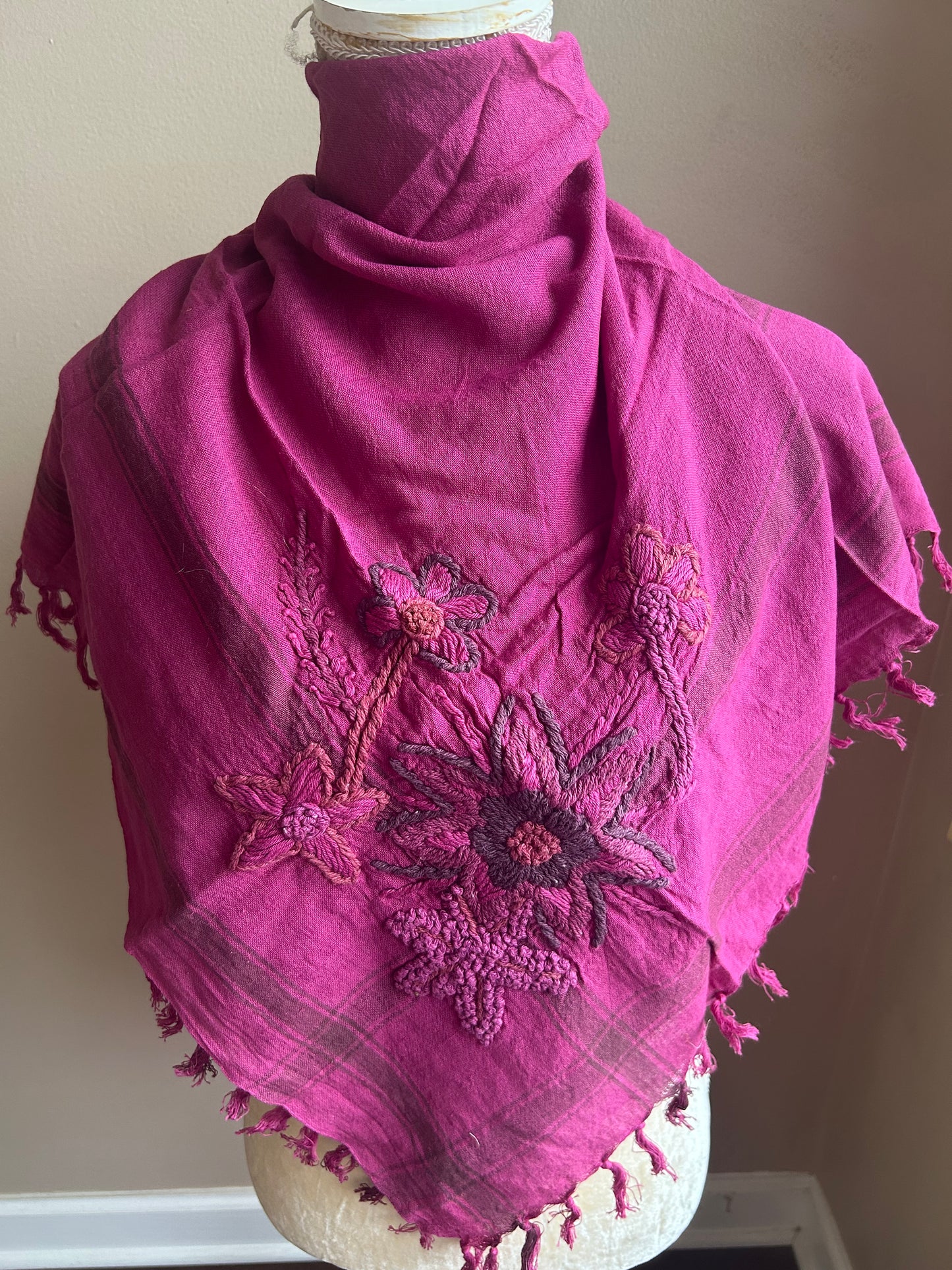 Women Multicolor Pink Printed Embroidered Fringed Scarf Cotton New 5000-3102