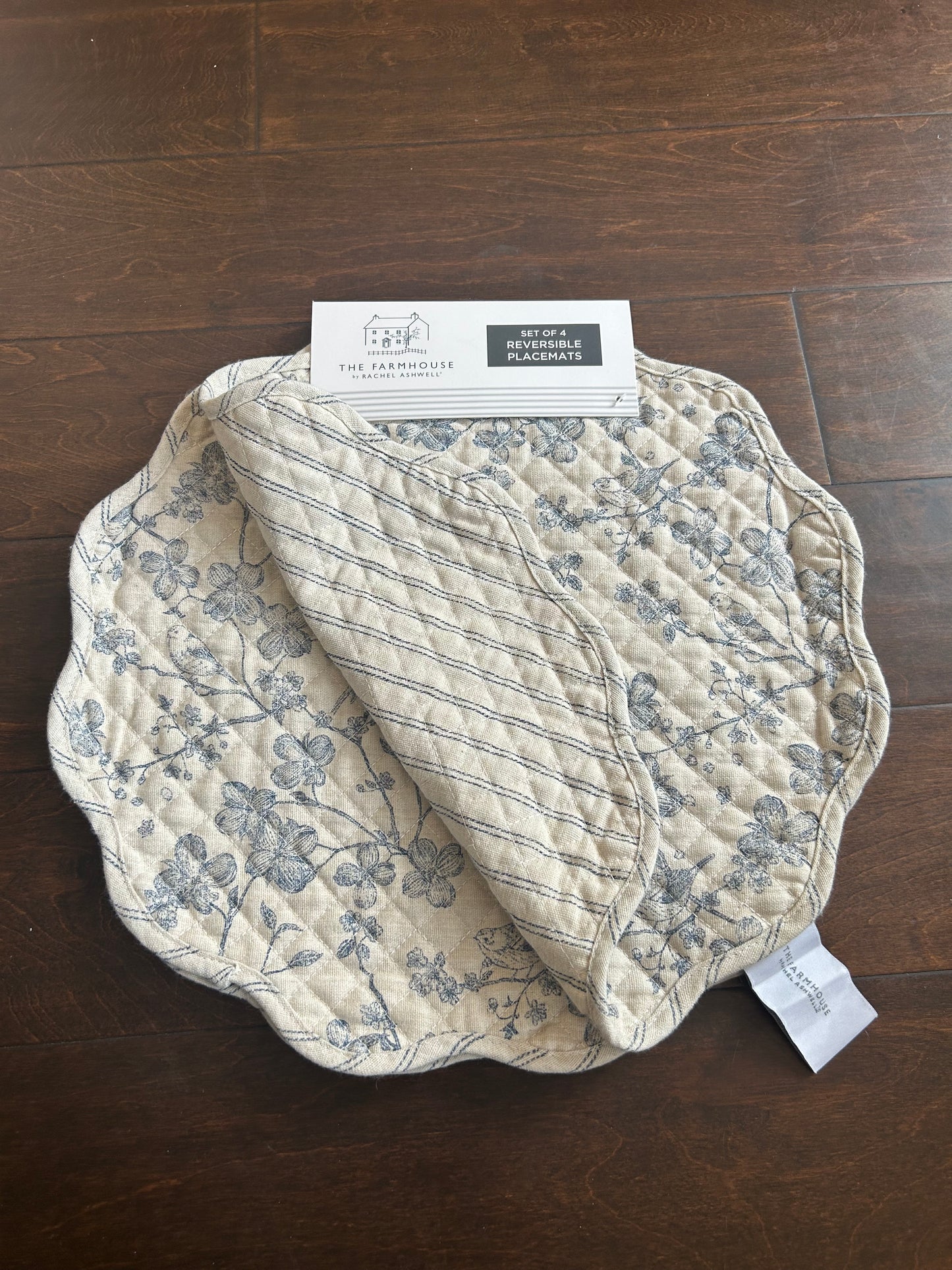 Rachel Ashwell Set Of 4 Quilted Placemats New Beige Blue Floral Birds Stripes