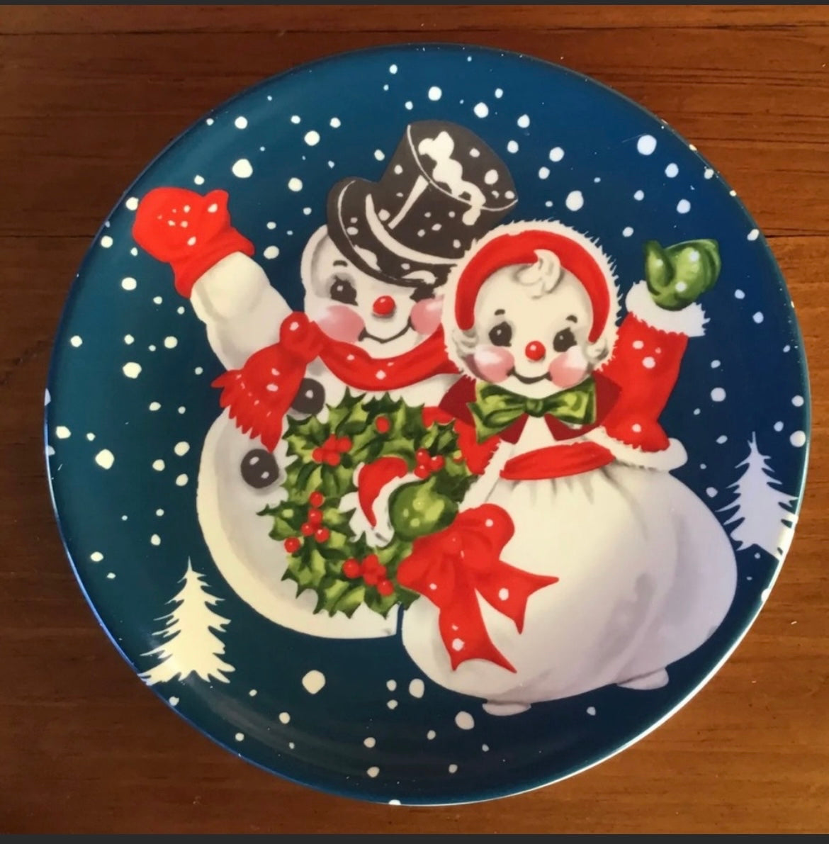 NEW Vintage Style MR CHRISTMAS 4 Pc PLATES Santa Snowman Retro Ceramic Pastel