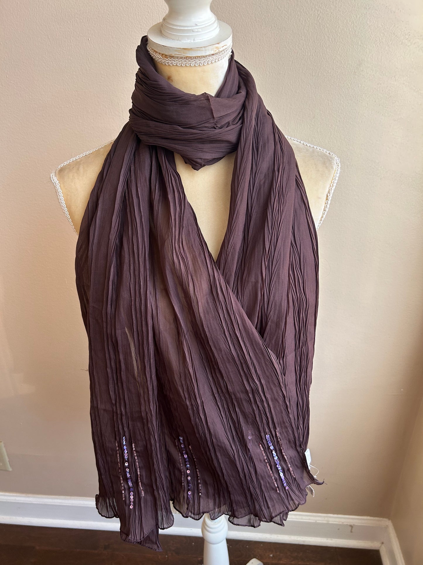 Womens Brown Pleated Scarf  New Sequins Accents On Edges 5000-3102