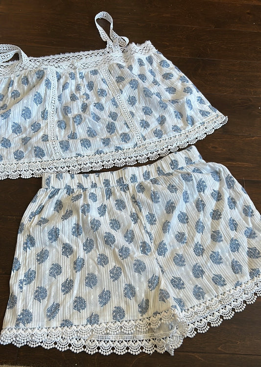 Rachel Zoe Womens 2 Pc Pajama Set Floral Cotton Lace Blue New Top Shorts Sz S
