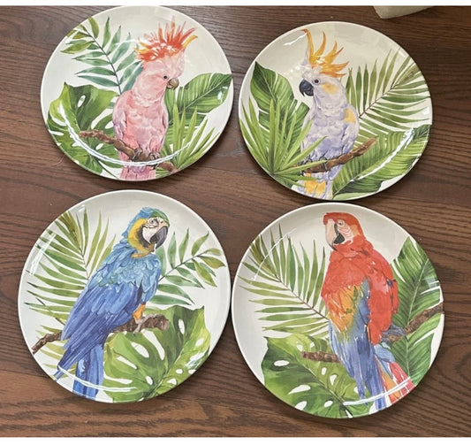 Tommy Bahama Melamine Parrot Tropical Birds 4 Dinner Plates 10.5” Set of 4 New