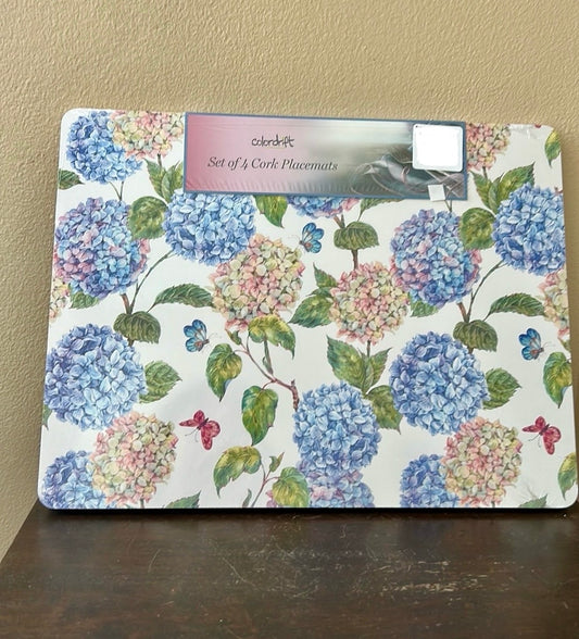 Colordrift Set Of 4 Cork Placemats  Floral Spring Summer Hydrangeas New
