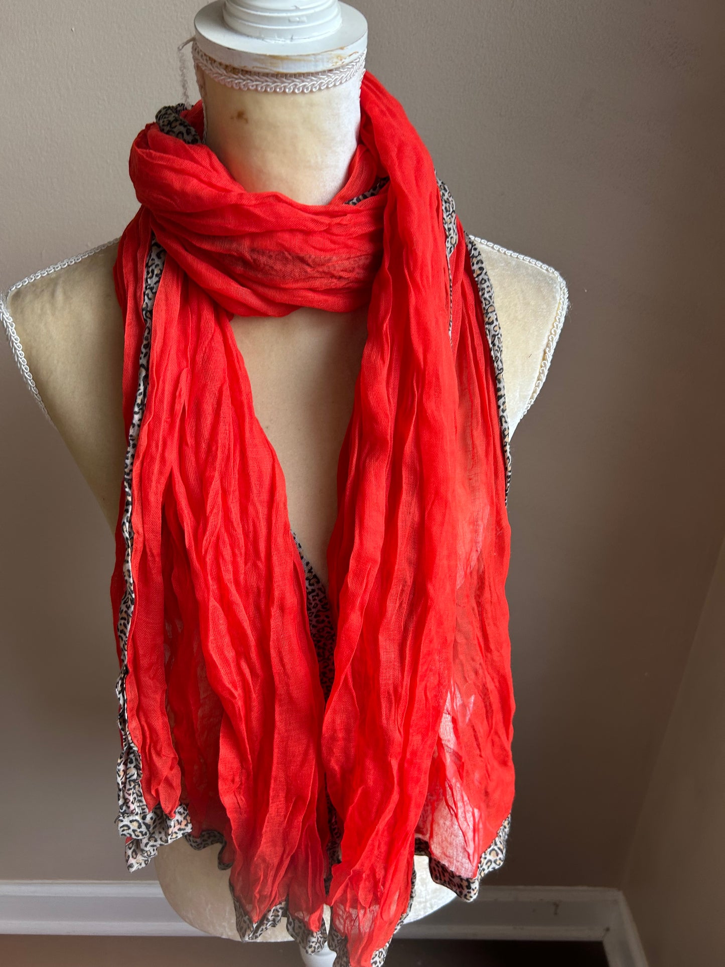 New York & Company Womens Orange Crinkle Scarf  Animal Print Edges New 5000-3102
