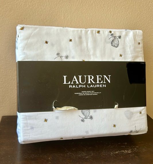 Ralph Lauren Queen Sheet Set Bumble Bee Hive Flowers Cotton  New 4 Pc