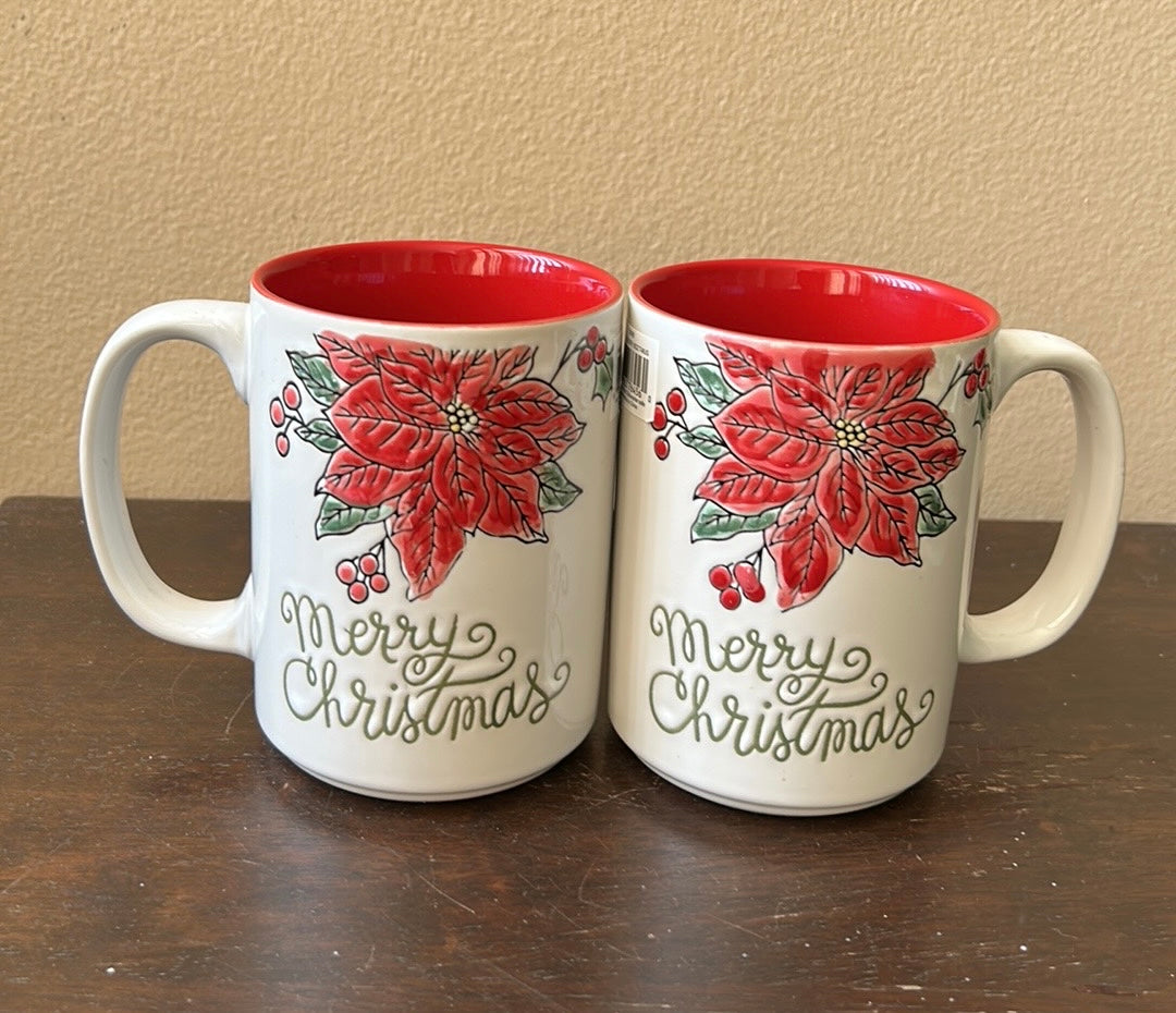 Set of 2 Spectrum Poinsettia merry Christmas Stoneware Coffee Mug New