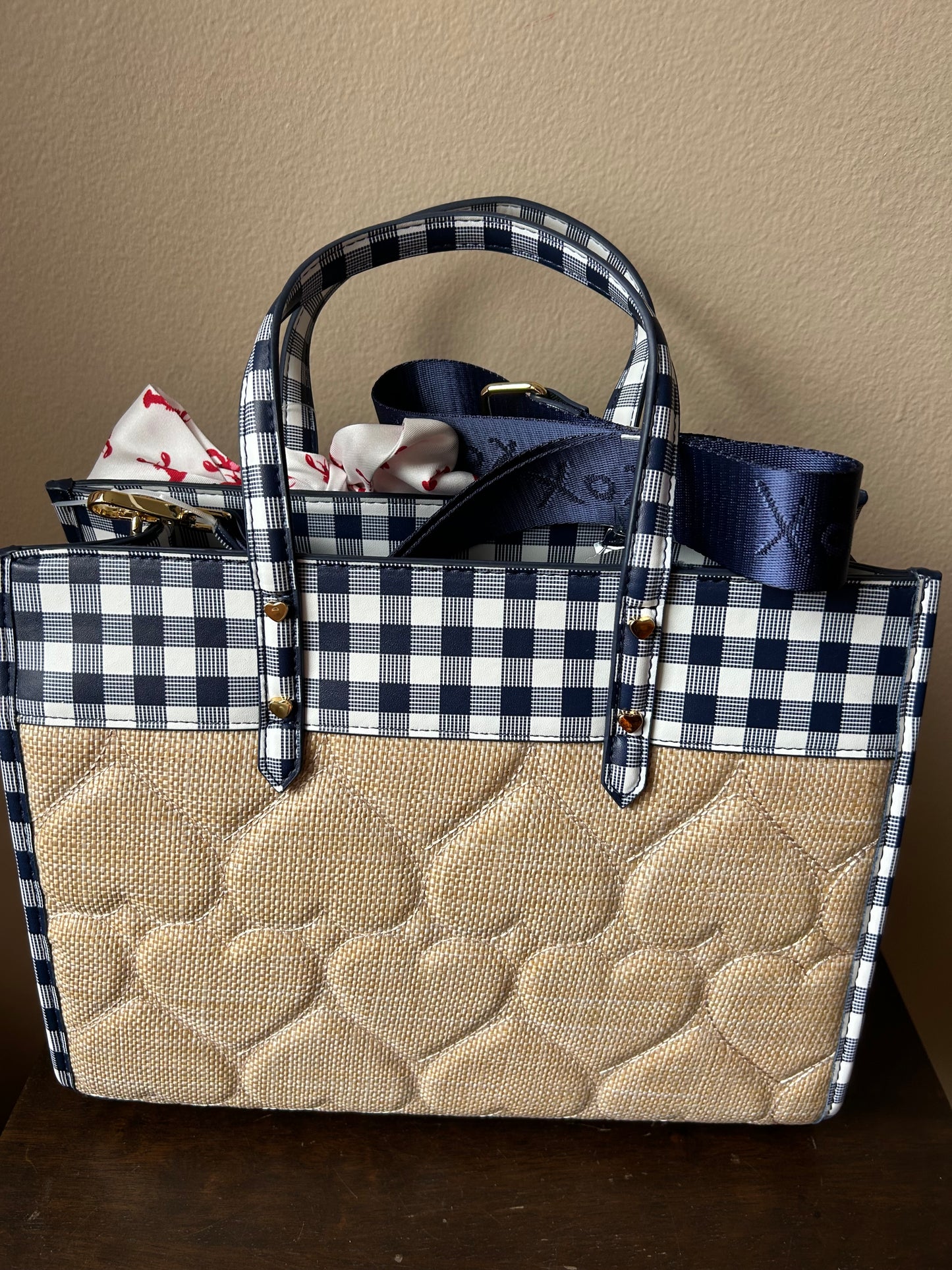 Betsey Johnson Quilted Heart Satchel Handbag Gingham Trim Lobster Scarf New