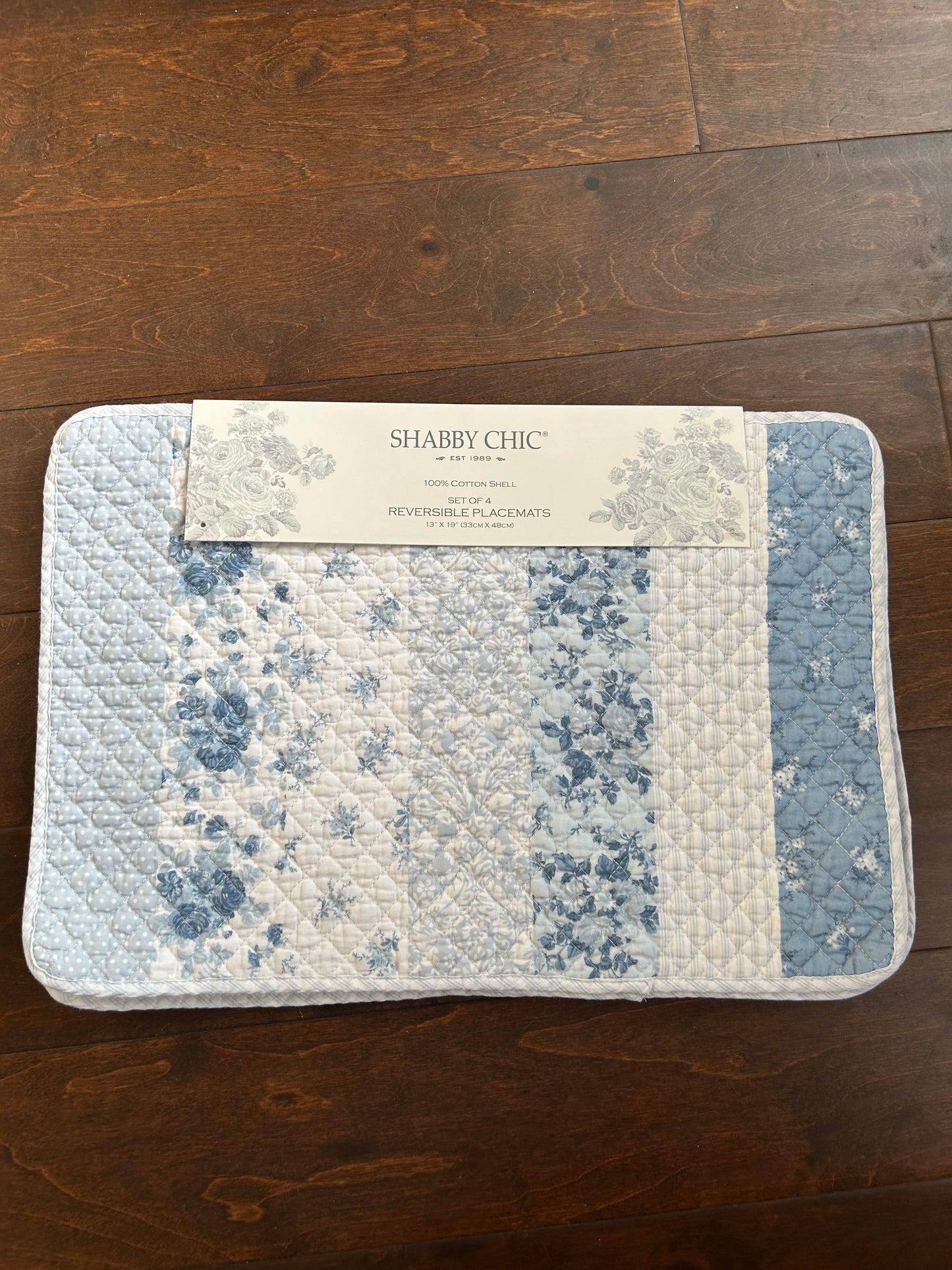 Shabby Chic 4 Scalloped Quilted Blue White Placemats New Floral  Striped