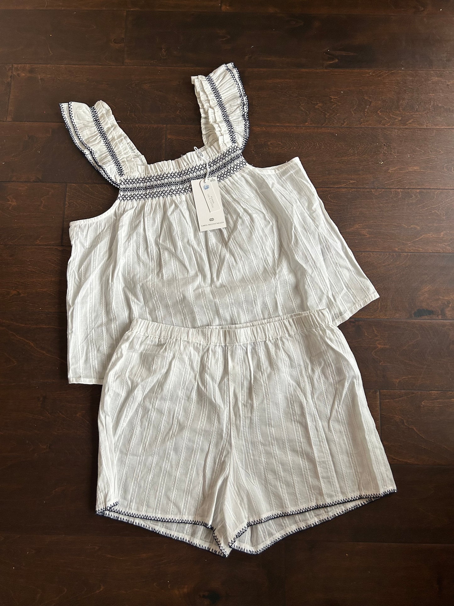New Caroline Constas Womens Blue White Pajama Set Embroidered Cotton