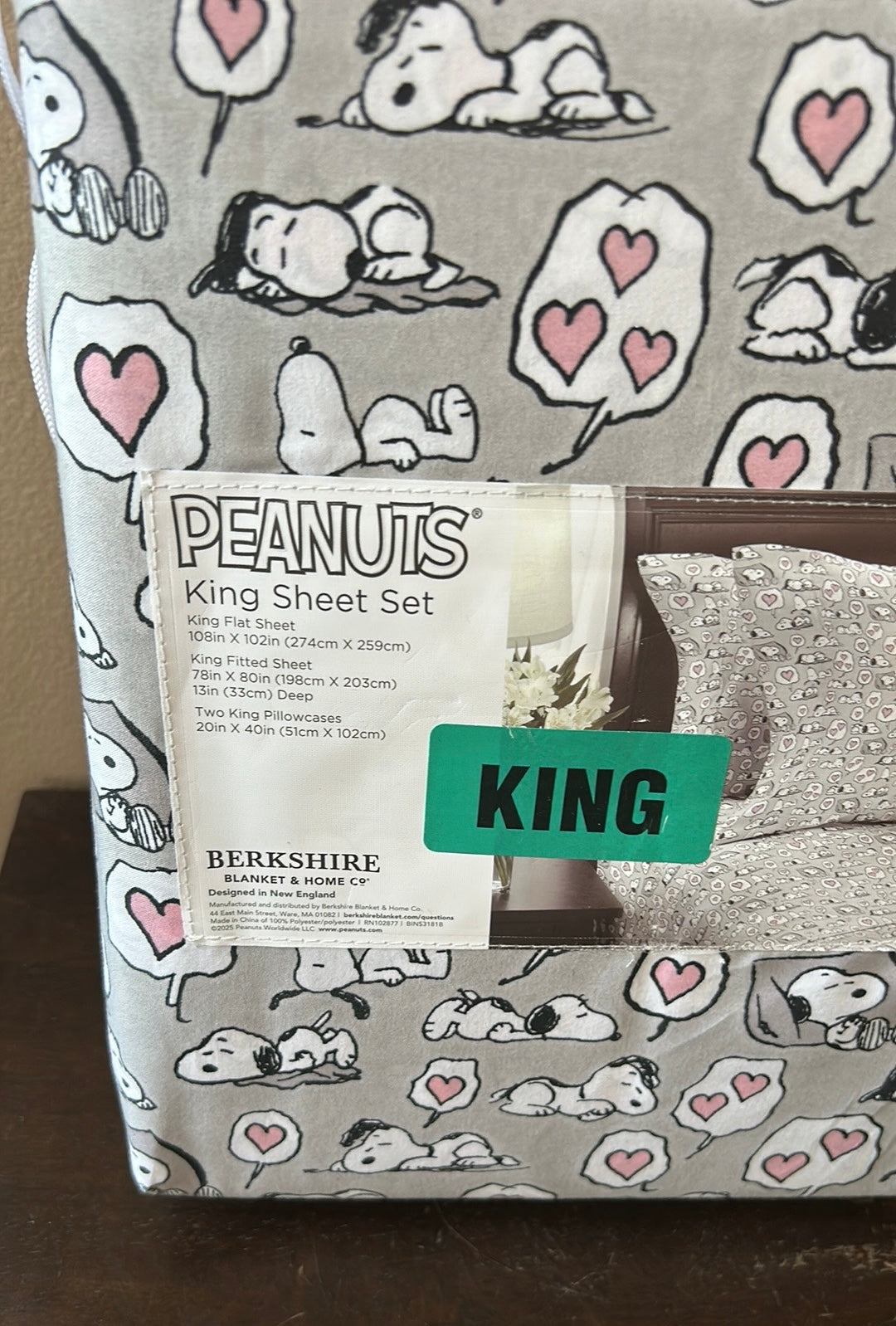 Snoopy King Sheet Set Valentines Day Gray Pink Hearts New  Love