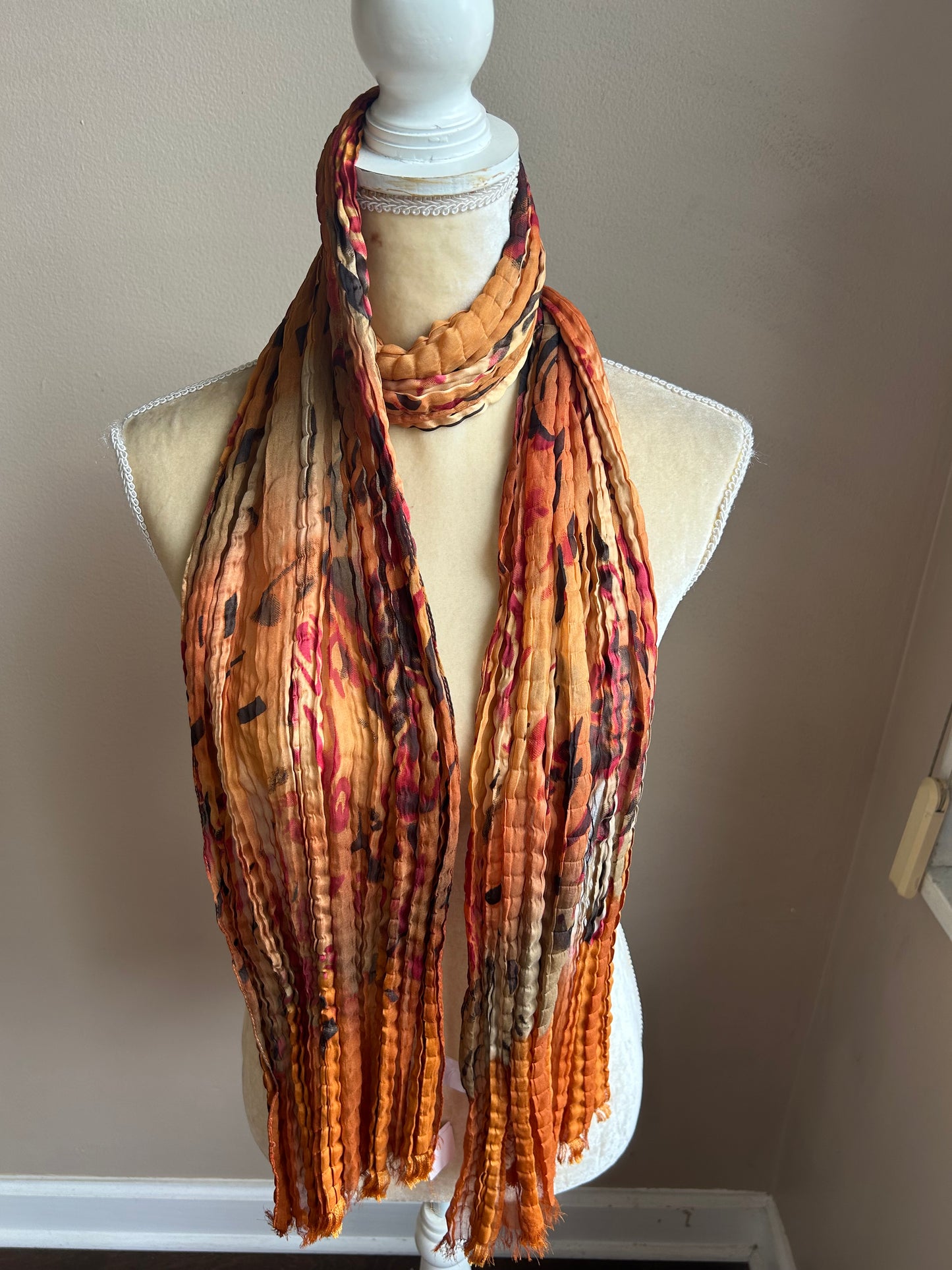 New Womens Pleated Printed Scarf Fall Colors Raw Edges 5000-3100