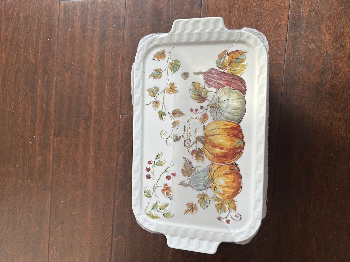 Grace Pantry Pumpkins Rectangular Porcelain Casserole Baking Dish & Lid New