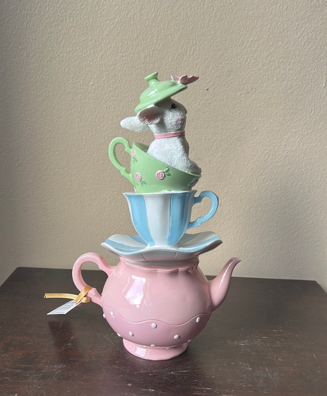 Bella Lux Bunny In Stacked Teapot Teacups Easter Spring 10” Tall New Pastel